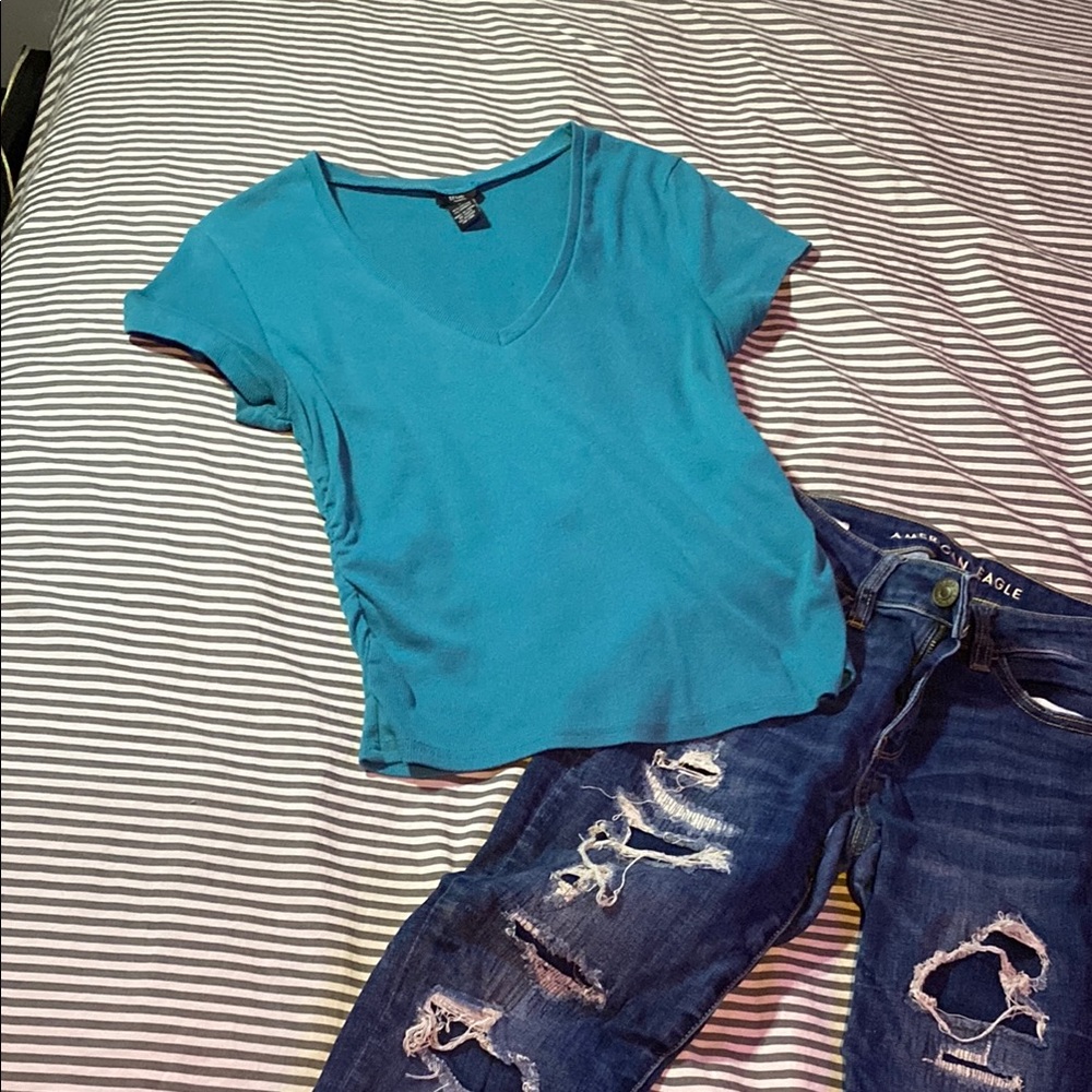 Women's Blue V-Neck Top